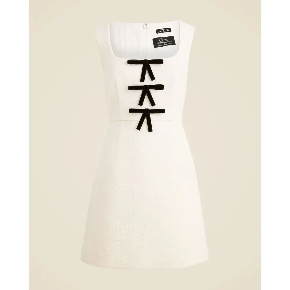 J.Crew Sophia Tweed Dress Black Velvet Bows Cream White NWT Size 00 CP175
